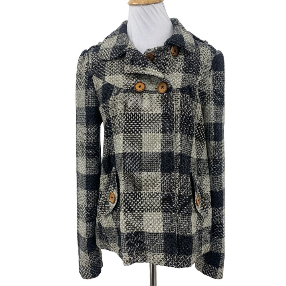 Billabong Pea Coat Blazer Womens M Medium Multi Checkered Wool Blend Button Up